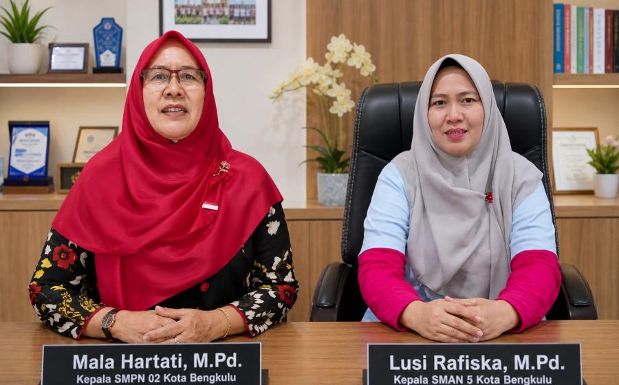 Kepala Sekolah SMP Negeri 02 Kota Bengkulu Mala Hartati, M.Pd bersama Kepala Sekolah SMA Negeri 5 Kota Bengkulu Lusi Rafiska, M.Pd