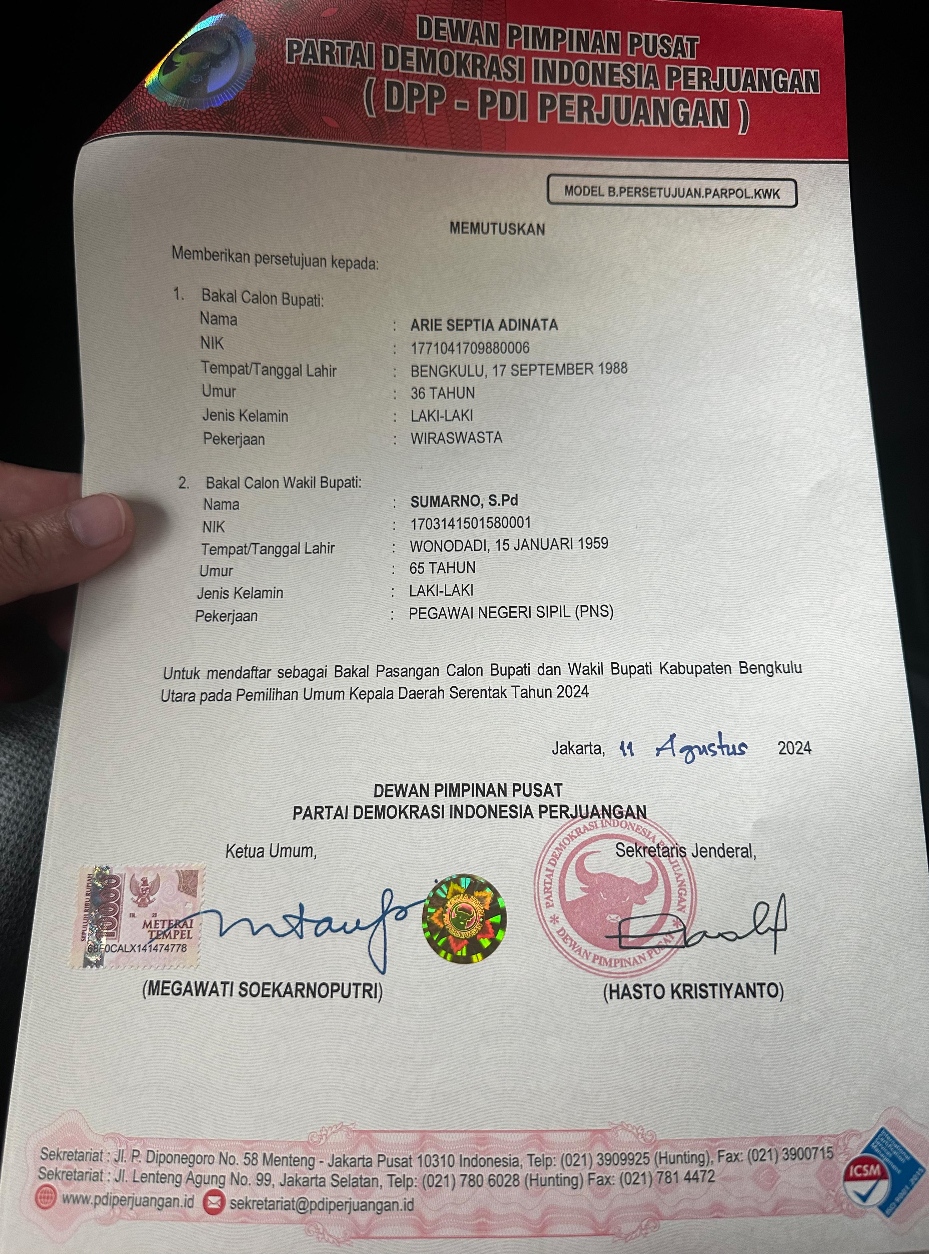 Kantongi Surat Sakti B1 KWK dari PDI P, ASA Siap Tancap Gas di Pilkada Bengkulu Utara