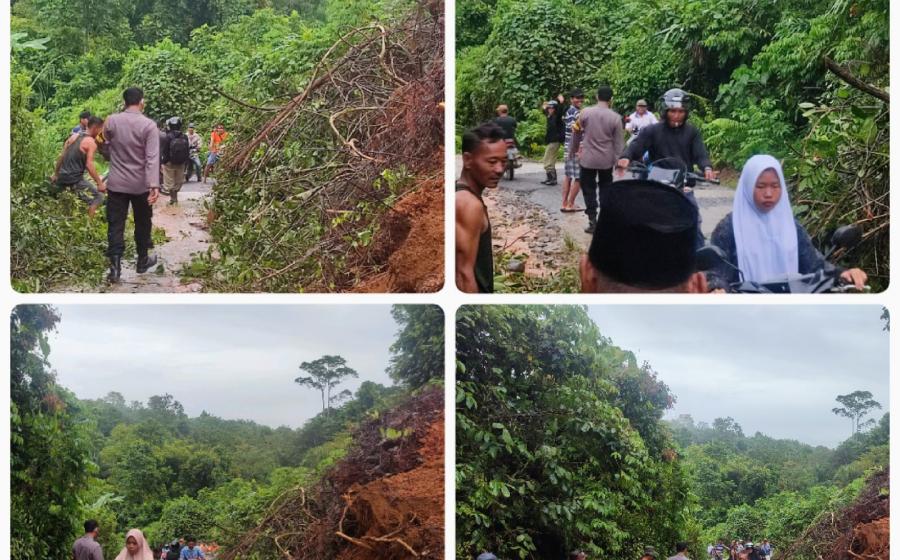 Longsor dan Pohon Tumbang, Polsek Giri Mulya Bersama Warga Gotong-Royong Bersihkan Jalan
