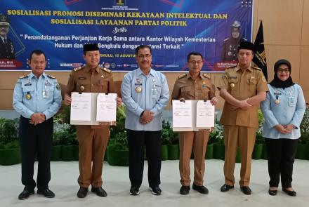  Kemenkumham Bengkulu melalui Divisi Pelayanan Hukum dan HAM menggelar sosialisasi promosi diseminasi kekayaan intelektual (KI) dan sosialisasi layanan partai politik, Senin (15/8) di Hotel Grage Horizon. Dihadiri Kepala Kemenkumham Bengkulu Erfan, MH, didampingi Kepala Divisi Administrasi Johan Manurung dan Kepala Divisi Pelayanan hukum dan HAM Ika Ahyani Kurniawati. Selain itu dihadiri oleh jajaran instansi terkait, Pejabat Provinsi, Pejabat Kota dan beberapa peserta undangan sosialisasi dari KPU dan Part